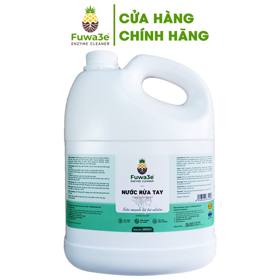 Nước rửa tay sát khuẩn Fuwa3e hữu cơ mùi tinh dầu quýt từ chế phẩm Enzyme sinh học 3.8L