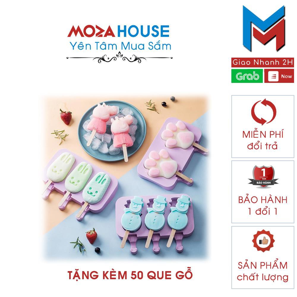Khuôn làm kem hoạt hình 3 ngăn bằng silicone an toàn cho sức khỏe.( Tặng Kèm 50 que gỗ)  MozaHouse