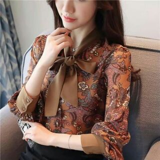 Sơmi hoa nữ cổ thắt nơ