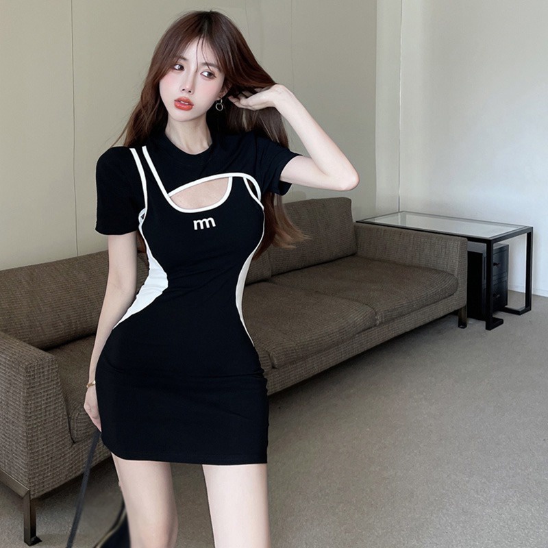 Đầm Tay Ngắn Cổ Tròn Màu Sắc Tương Phản Phong Cách Hàn Quốc Thời Trang Dành Cho Nữ