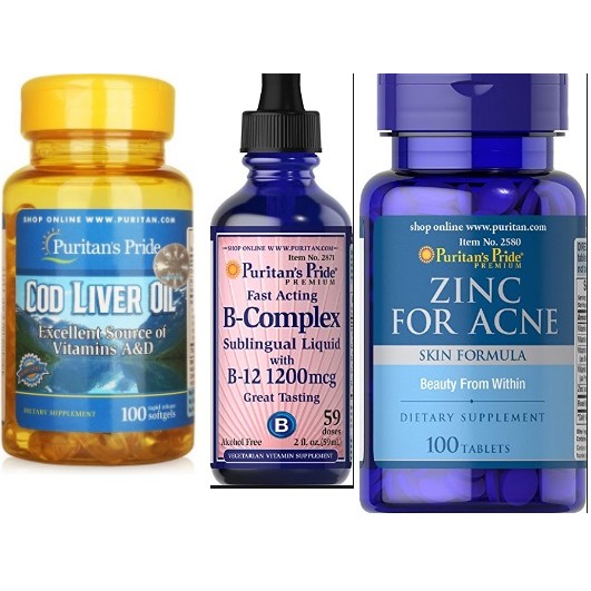 Combo mụn đầu đen mụn bọc da dầu PURITAN'S PRIDE: Zinc for acne 100v, B complex liquid 1200mcg, Cod liver oil 100v