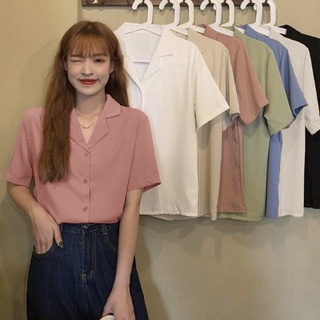 Áo sơ mi đũi cổ vest áo sơ mi nữ ngắn tay cài cúc freesize chất đũi mềm mát phom rộng dưới 60kg