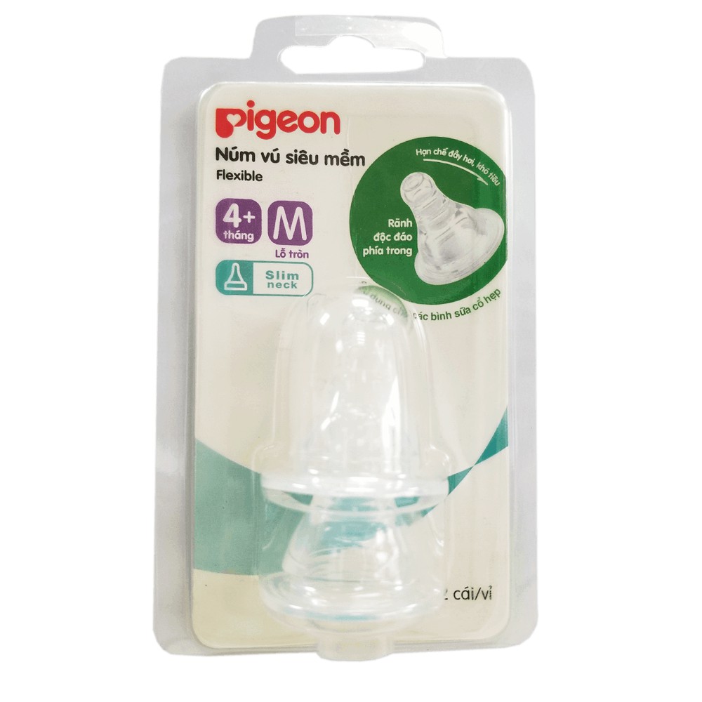 2 Núm Ty Silicone Siêu Mềm Cổ Hẹp Pigeon