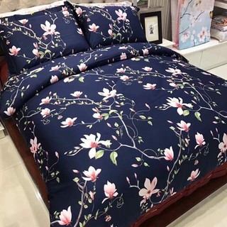 Ga và 2 vỏ gối nằm met 6 hoa nền tím than