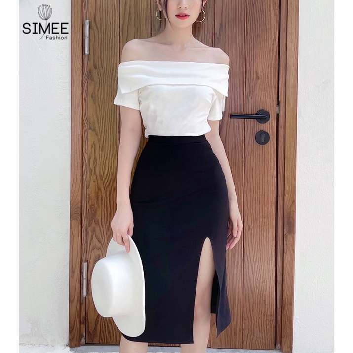 Sang chảnh outfit !!!!!!!!! Set váy thiết kế Simee áo trễ vai xẻ mix chân váy xẻ tà