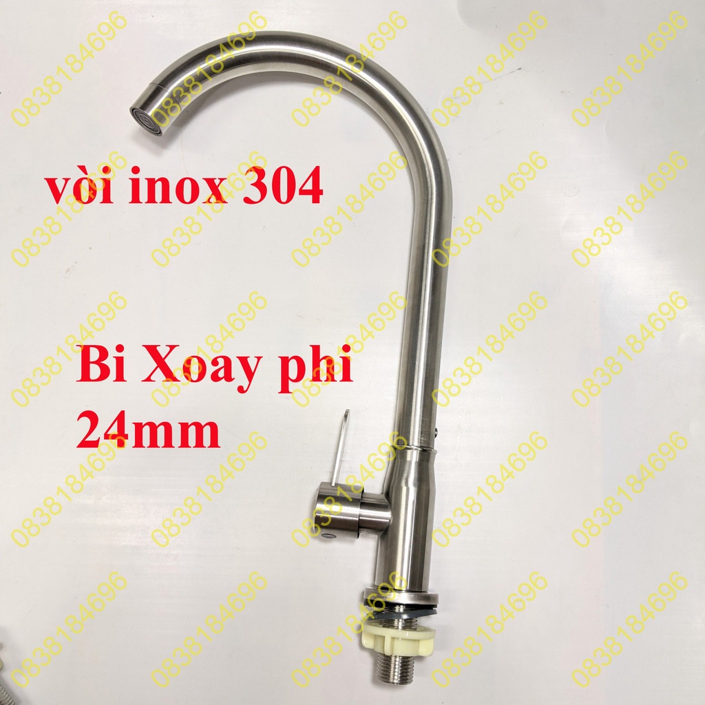 Vòi Rửa Chén Bát Lạnh phi 24mm inox SUS 304, xước mờ ống cong lớn lựa chọn Dây cấp nhựa,inox