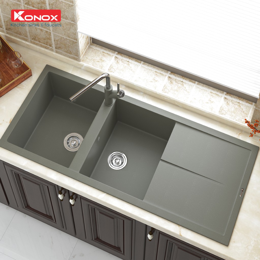 Chậu rửa bát đá KONOX Granite Series Livello 1160 Grey, Made in Italy, Full set gồm Siphon + Giá úp bát inox