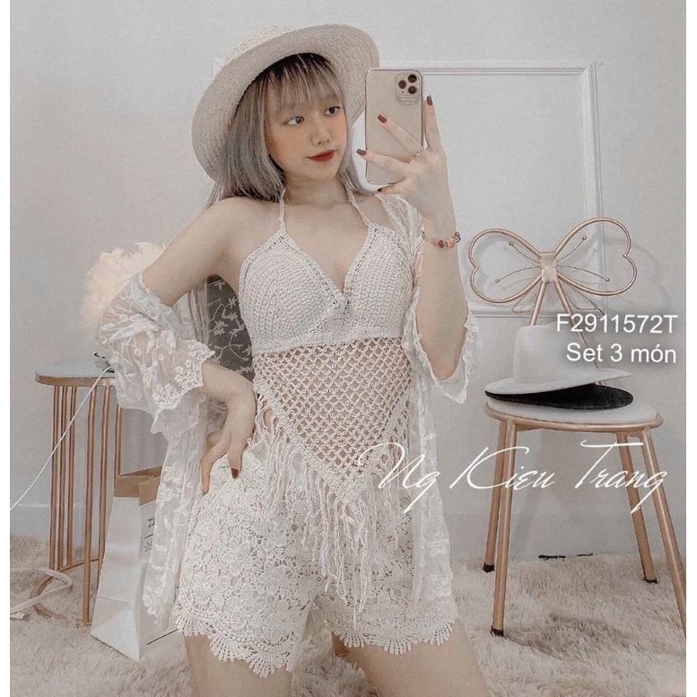 Set ren đi biển 3 món áo khoác áo dây tà tua rua phối quần short!