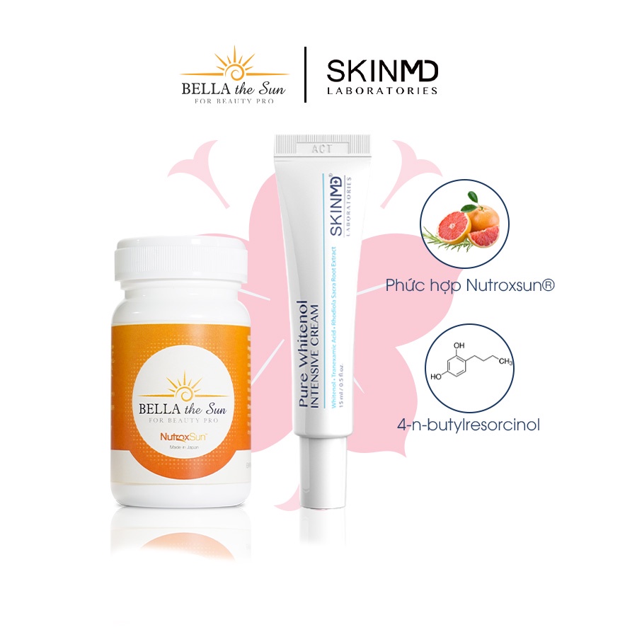 Bộ đôi ngừa thâm nám SkinMD Pure Whitenol Intensive Cream 15 ml và chống nắng nội sinh Bella The Sun 30 viên