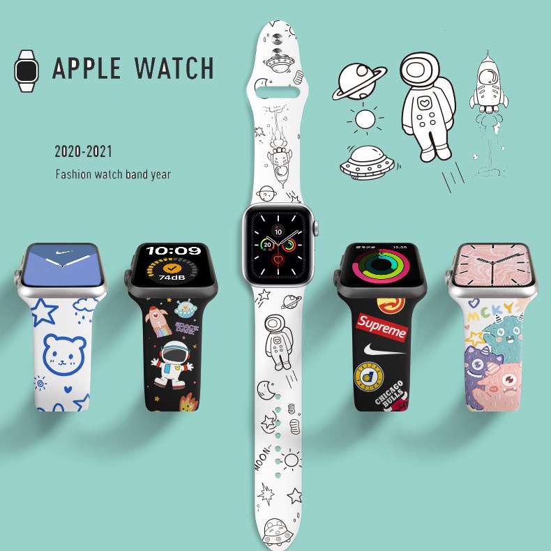 Dây đeo silicon hoạt hình cho Apple Iwatch dòng 6 Se 5 4 3 2 1 cỡ 38 40 44 44mm T500/U78 Plus/Hw22/Hw12/W46/Watch 6