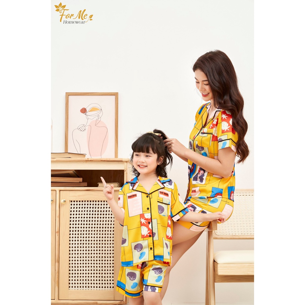 Bộ đồ ngủ, mặc nhà chất Lụa Giấy Luxury SET MẸ &amp; BÉ CÔNG CHÚA VÀNG ,forme pijama