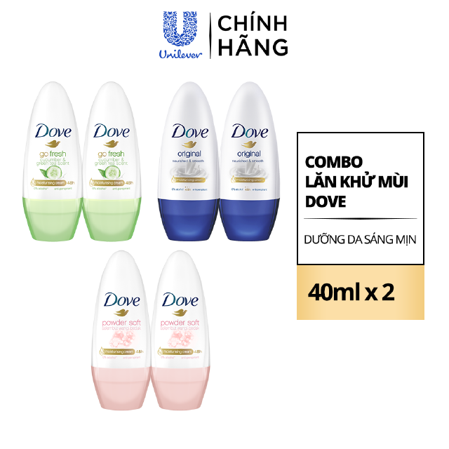 Combo 2 Lăn khử mùi Dove Dưỡng da Sáng mịn dành cho nữ, 40ml