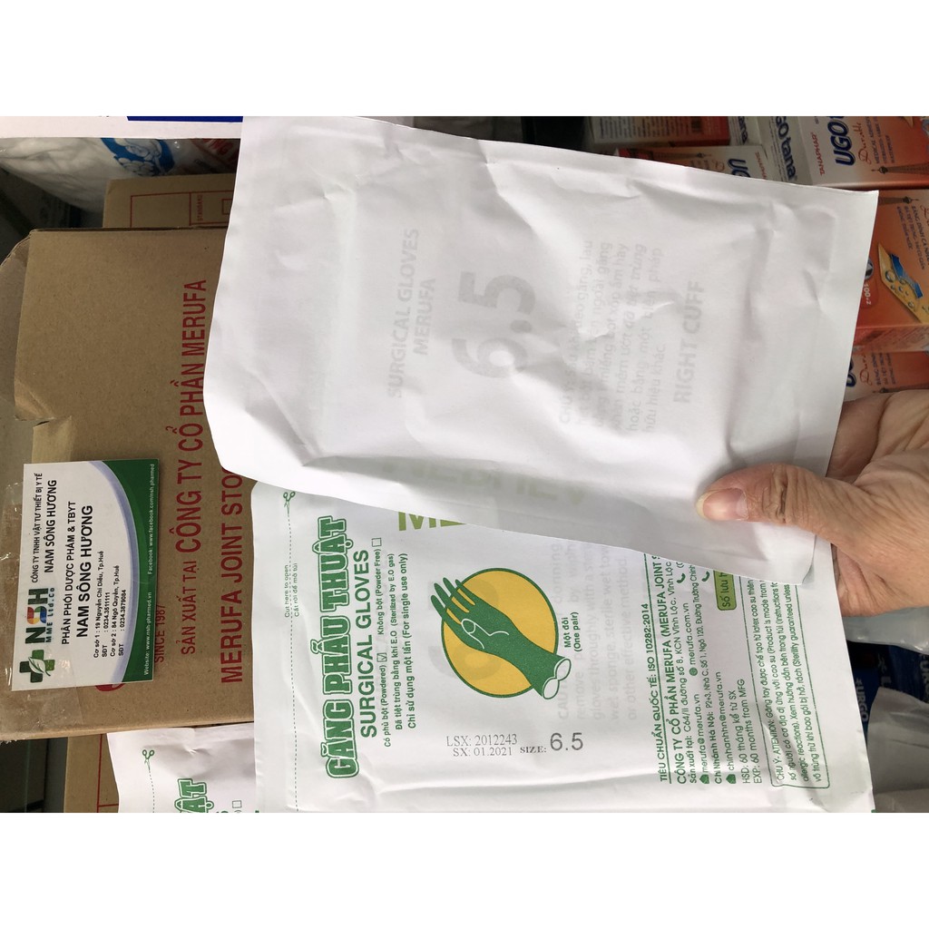 ❤COMBO 05 ĐÔI Găng tay y tế phẫu thuật tiệt trùng, vô trùng MERUFA size 6.5 VÀ 7.0