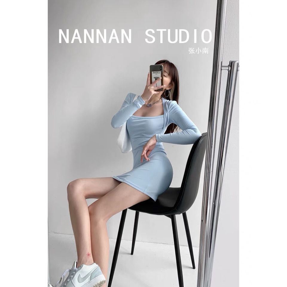 COZOK Đầm dệt kim tay dài cổ vuông ôm eo giả hai lớp thời trang cho nữ