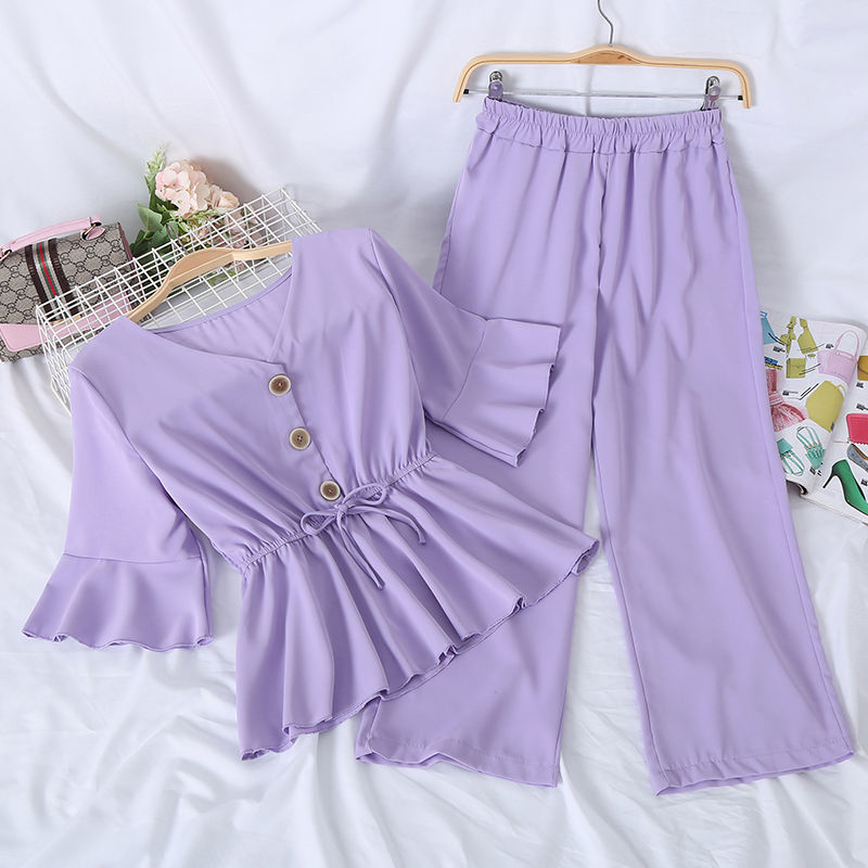 Set Đồ 2 Món Áo Cổ Chữ V Màu Trơn + Quần Dài Ống Loe Thời Trang Mùa Hè Mới Cho Nữ