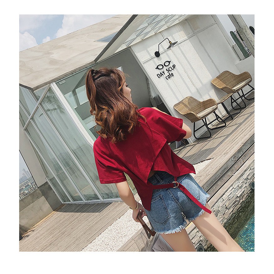 Áo Thun Lửng Cổ Yếm Cột Dây Lưng Cao Dáng Rộng Xẻ Tà Kiểu Hàn Quốc Thời Trang