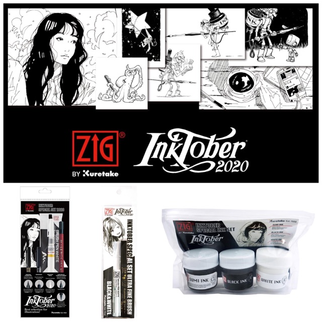 Inktober Set Bút inking vẽ truyện tranh phiên bản giới hạn Kuretake Nhật Bản line nét và mực trắng