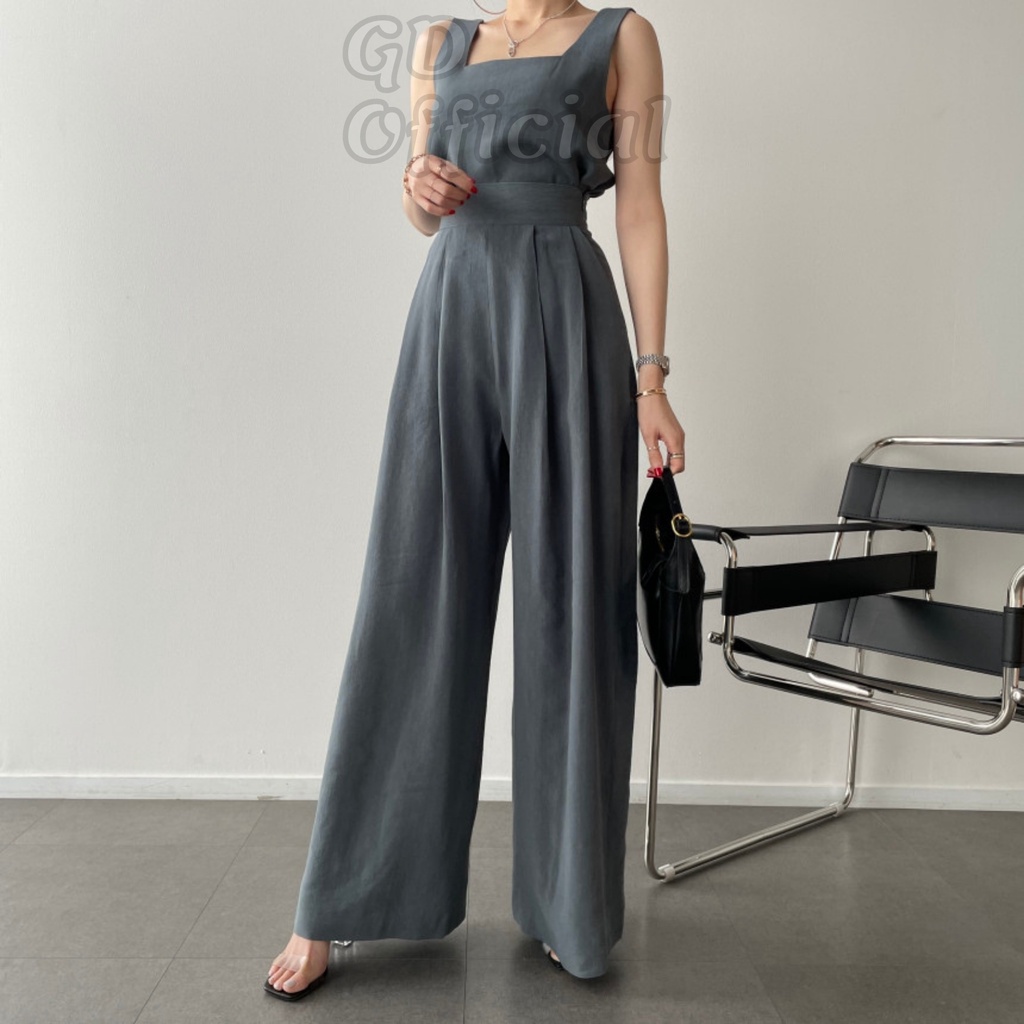 B88|Set bộ nữ cotton áo hai dây không tay cổ vuông, quần lưng cạp cao suông dài đơn giản be, xám, kaki, đen GD Official