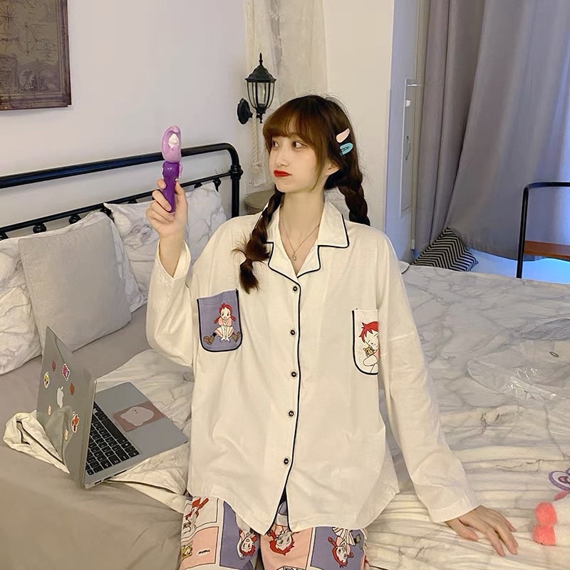 Bộ đồ ngủ nữ THANH LÝ Bộ ngủ nữ -cotton giấy dài tay mặc nhà cute  BN2