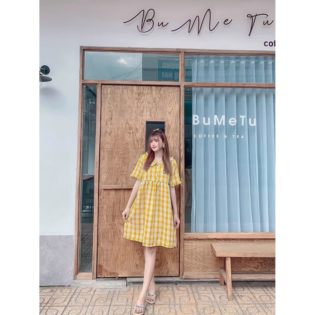 Đầm kate ngắn baby sọc caro cổ bẻ