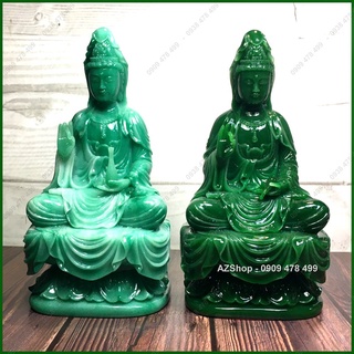 Tượng Phật Quan Âm Vẽ Thủ Công Đẹp - Ngồi 18cm - Xanh Ngọc - 6875.4