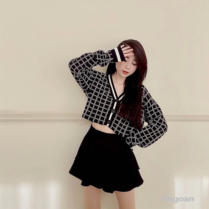 [Mã WABRTN02 giảm 10% ]Áo khoác cardigan crop caro đen tingoan MISS BLING TOP/BL | BigBuy360 - bigbuy360.vn
