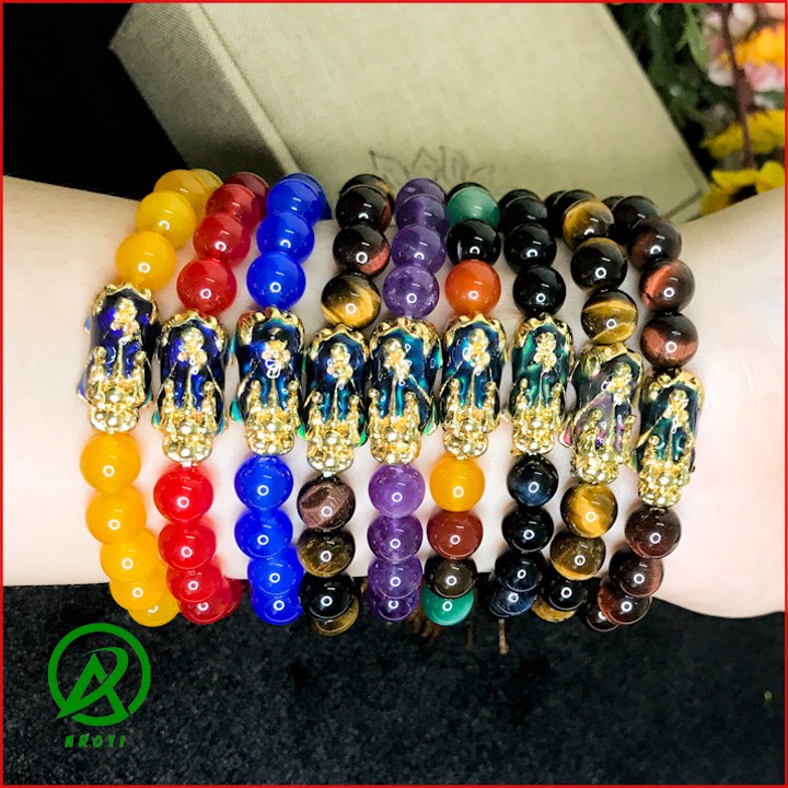 Vòng Tay Phong Thủy - Vòng Tay Nam Nữ Mã Não Mix long quy Vàng Đổi Màu 8mm V375-8