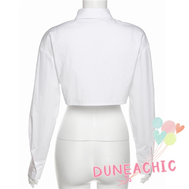 DUNEA Áo sơ mi croptop tay dài cổ bẻ in họa tiết thời trang cho nữ