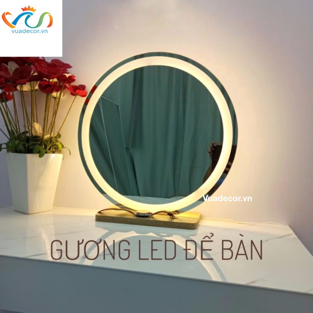 Gương tròn để bàn trang điểm có led cảm ứng cao cấp VUADECOR (Tặng đế gỗ)