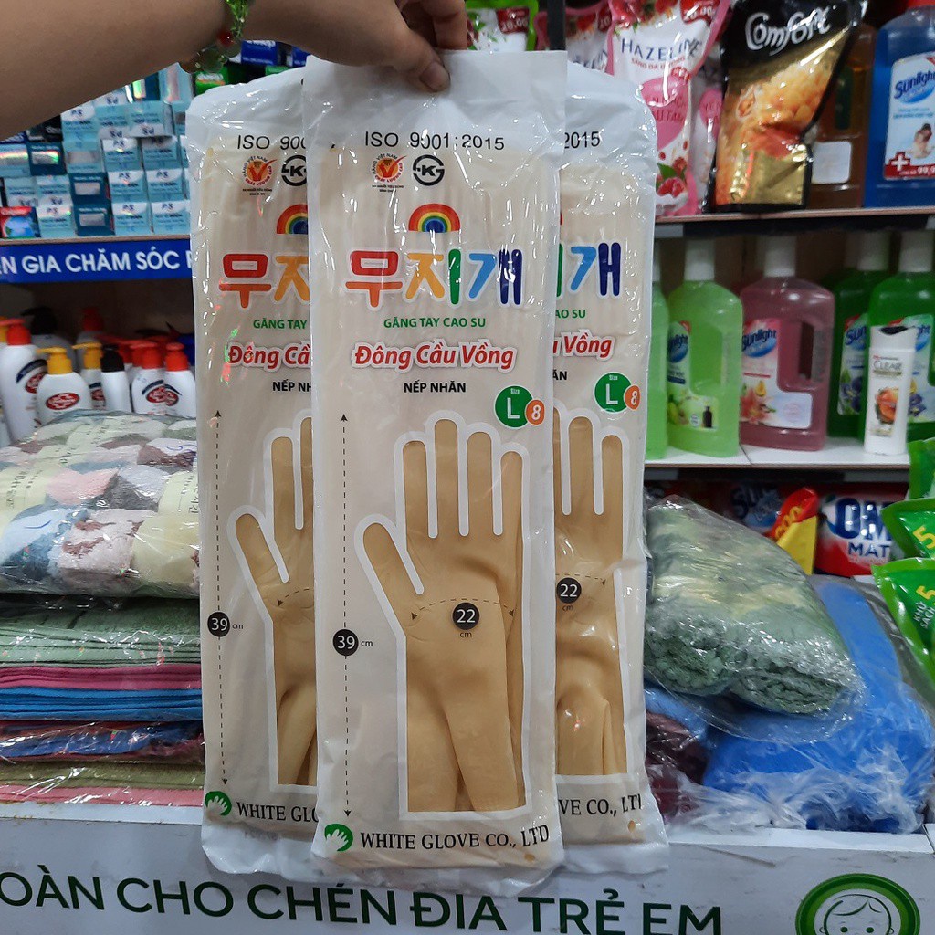 Đôi găng tay cao su nếp nhăn, Đông Cầu Vồng combi size L 39cm