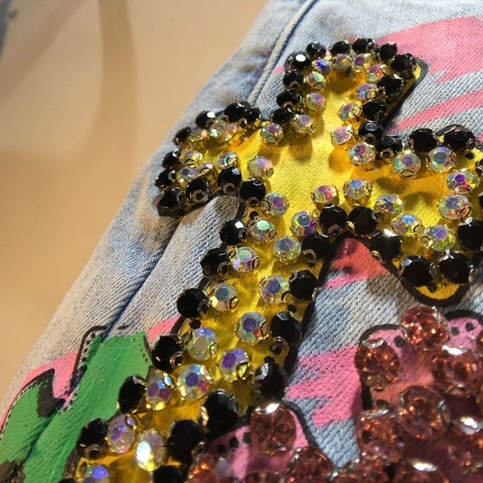 Jiashucheng Quần Short Denim Lưng Cao Co Giãn Đính Hạt Kim Cương Công Nghiệp Nặng Phong Cách Châu Âu