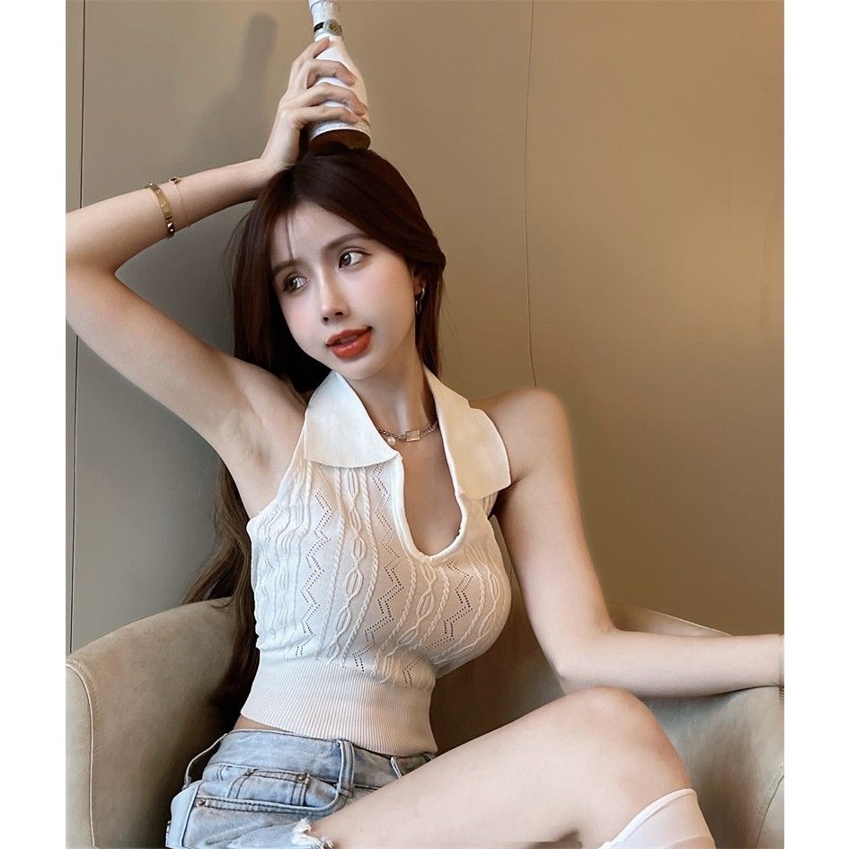 Áo Hai Dây Dệt Kim Cổ Bẻ Quyến Rũ Thời Trang Hè Cho Nữ