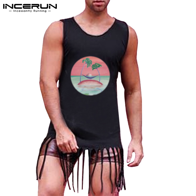 INCERUN Áo Thun Ba Lỗ Sát Nách Cổ Tròn Phối Tua Rua Thời Trang Mùa Hè Cho Nam