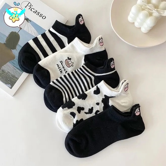 Vớ Thuyền Ngắn Thêu Họa Tiết Bò Sữa Phối Sọc Đen Trắng Ngọt Ngào Dễ Thương Phong Cách Nhật Bản Cho Học Sinh