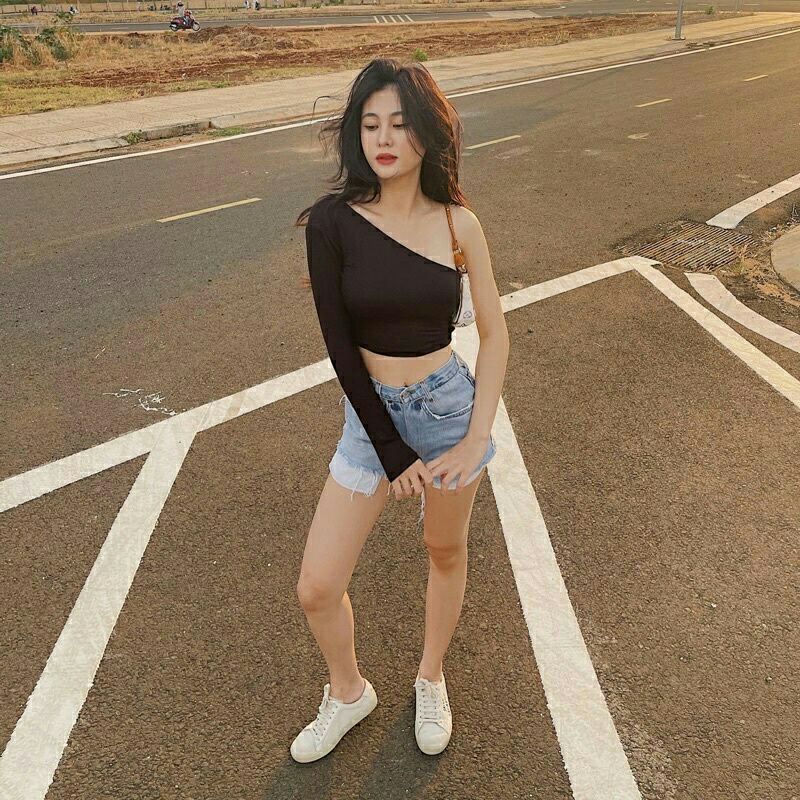 Áo thun nữ, áo kiểu, áo lệch vai dài tay 1 ống sexy