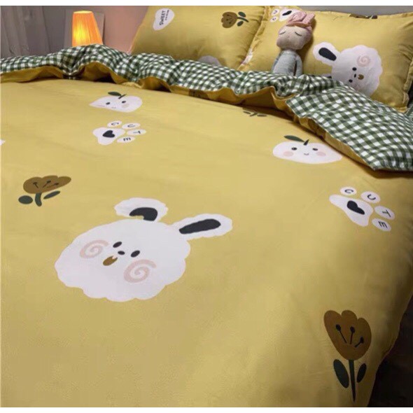 Bộ chăn ga gối drap giường chất cotton poly họa tiết thỏ hoa vàng chanh