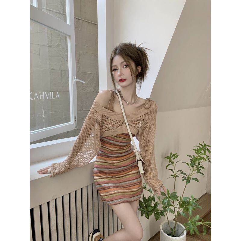 COZOK Set Áo Thun Ngắn Tay Họa Tiết Sọc Cầu Vồng + Đầm Không Tay Xinh Xắn Thời Trang Theo Phong Cách Hàn Quốc