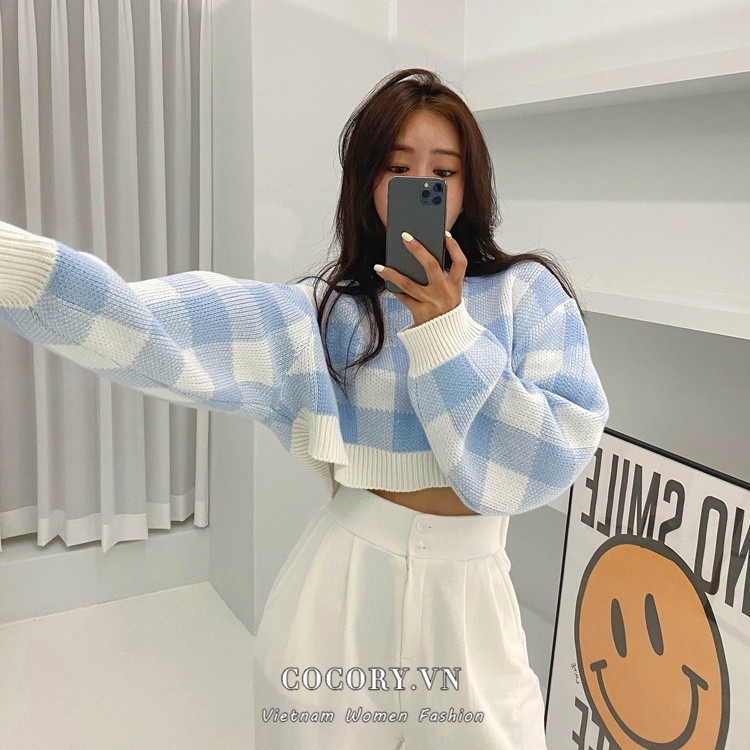 Cocory vn Áo croptop dệt kim tay dài dáng rộng kẻ sọc caro thời trang Hàn Quốc 3 màu tùy chọn