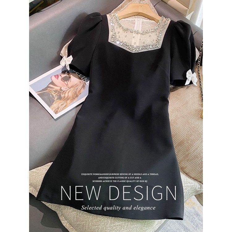 French dress Women's 2022 Summer New Design sense Bowknot bubble sleeve heavy industry diamond-encrusted spliced skinny skirt