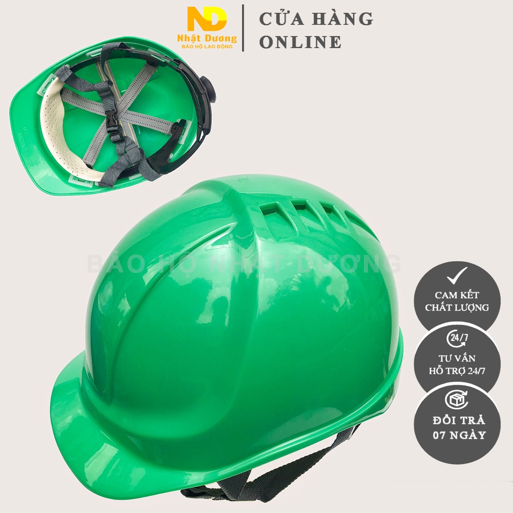 Mũ bảo hộ lao động có lỗ thoát khí HPN09 khóa vặn màu xanh lá, Nón bảo hộ lao động thông hơi Nhật Dương