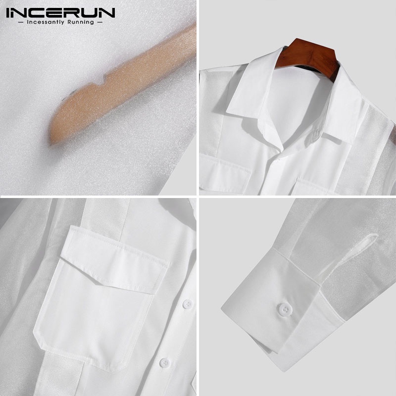 Áo sơ mi INCERUN tay dài phối lưới xuyên thấu thời trang sành điệu cho nam