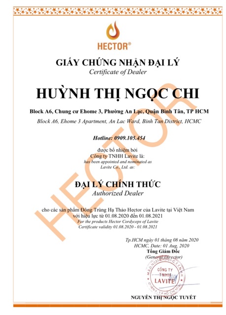 [Chính Hãng] 01 Hộp Nước Đông Trùng Hạ Thảo Hector Sâm của Công Tỷ TNHH LAVITE (Hộp 10 Chai)