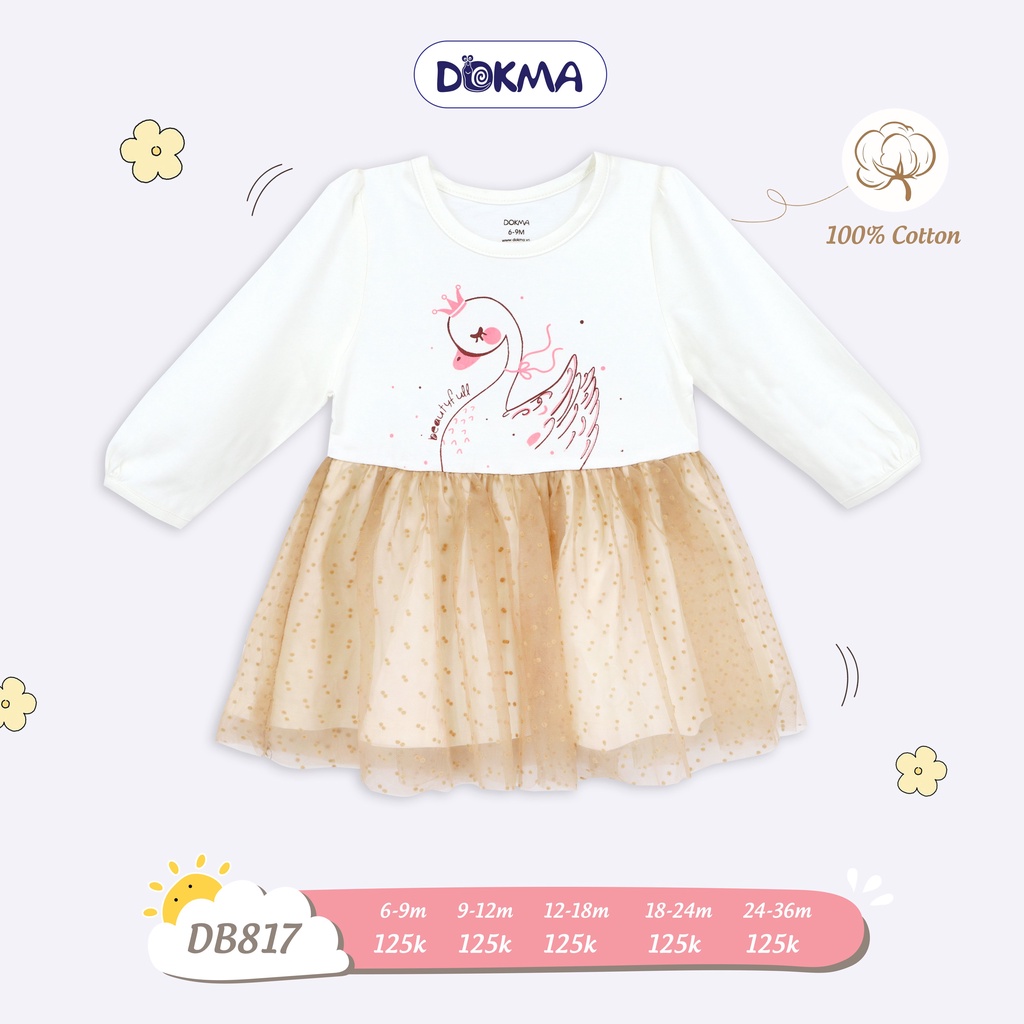 DB817 Váy công chúa bé gái dài tay phối ren Dokma vải cotton mỏng (9-36M)