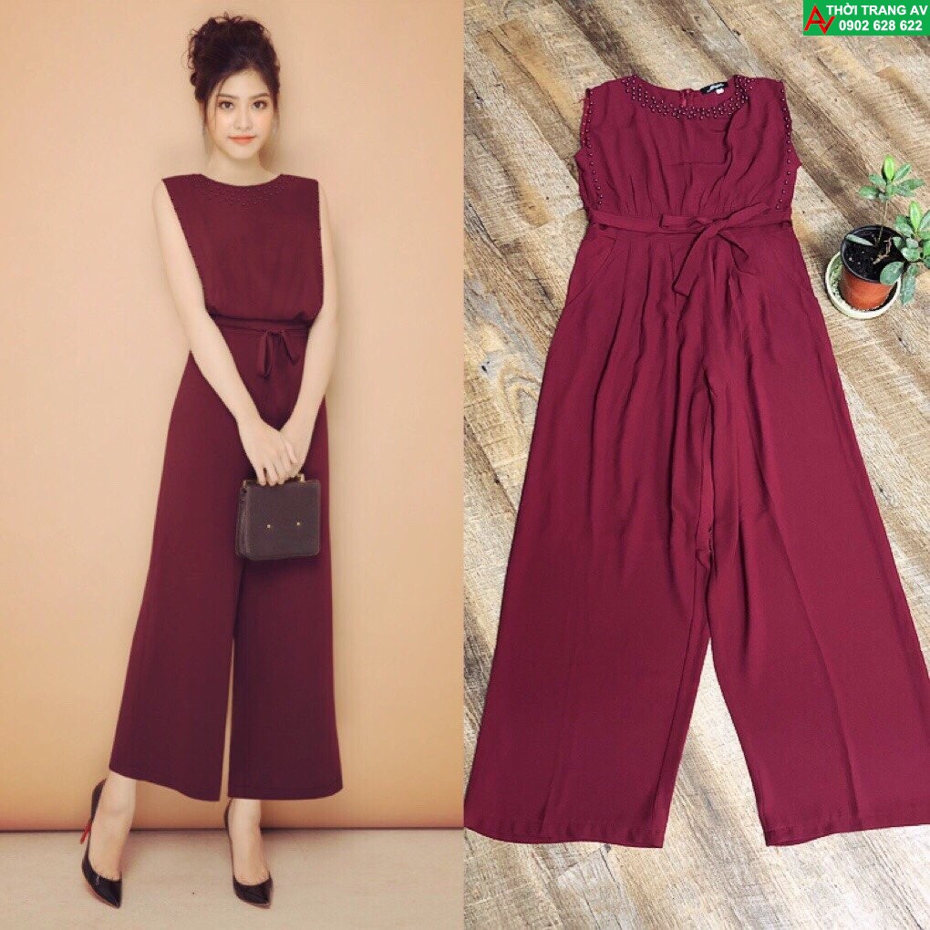 Jumpsuit - Đồ bay dài ống suông rộng thắt nơ đính hột đầy sang trọng - AV6231