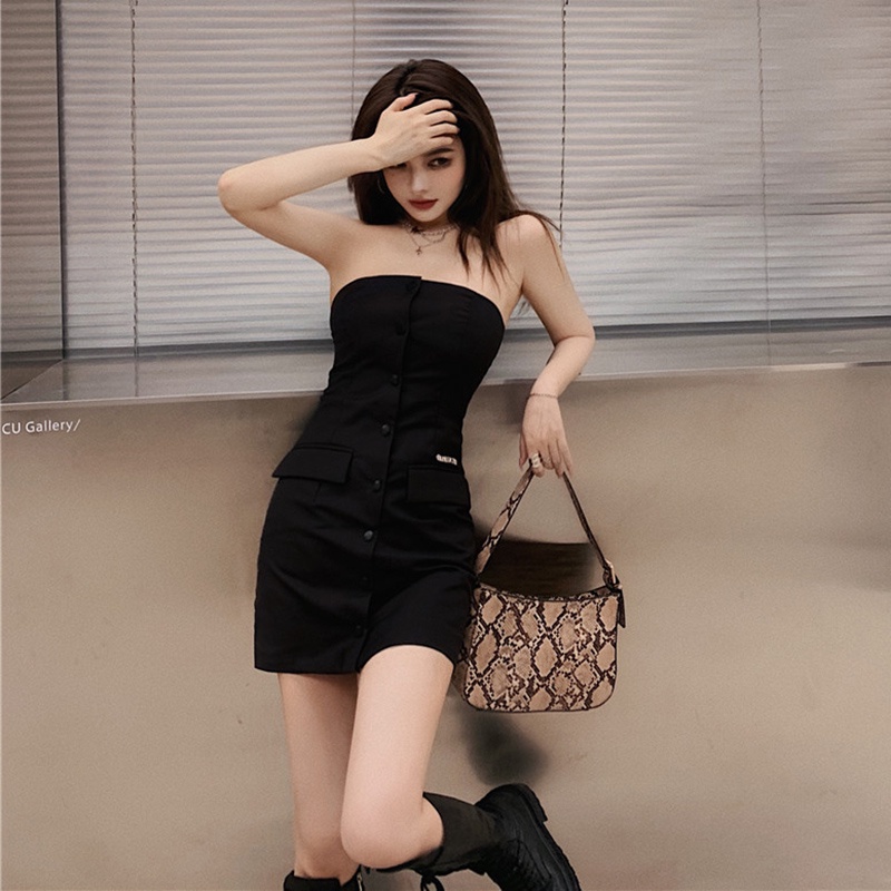 IELGY Đầm Ống Mỏng Không Tay Một Hàng Nút Thời Trang Sành Điệu Cho Nữ