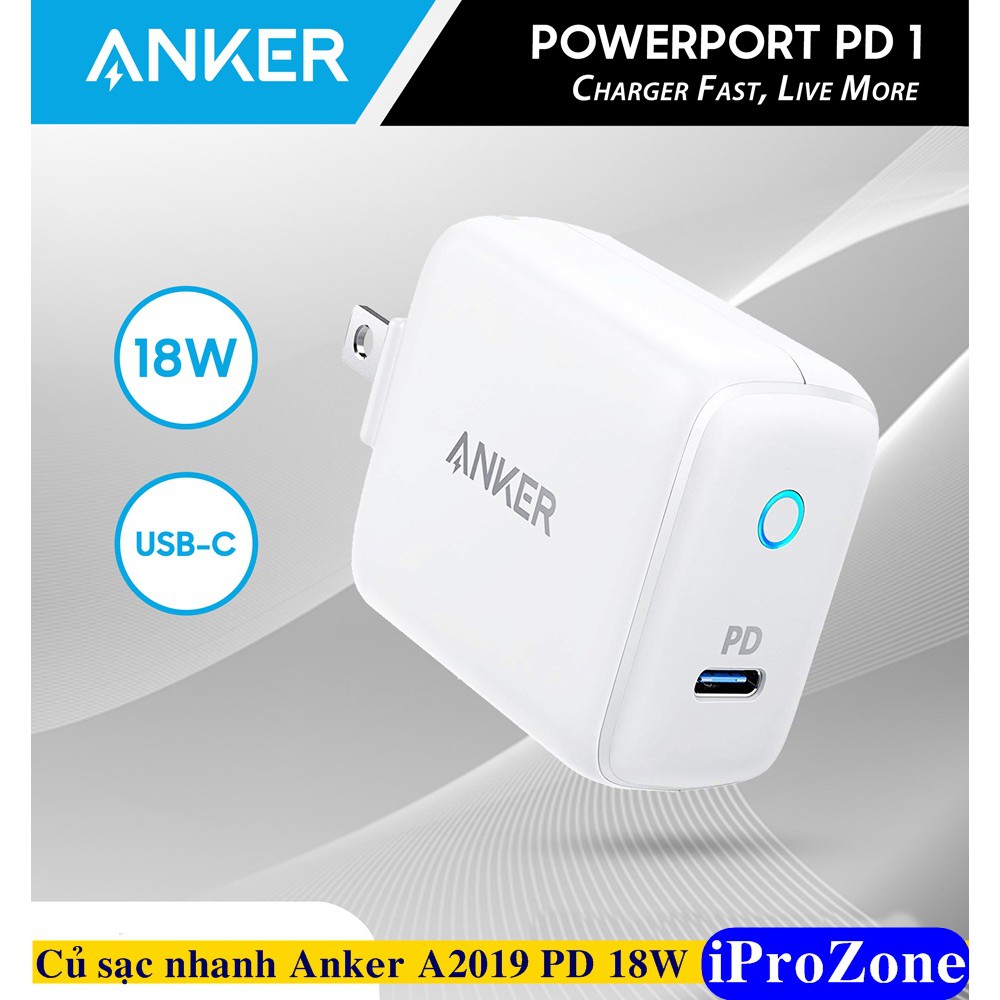 Cốc (Củ) sạc nhanh Anker PowerPort 1 A2019 PD 18W Chính hãng bảo hành 12 tháng