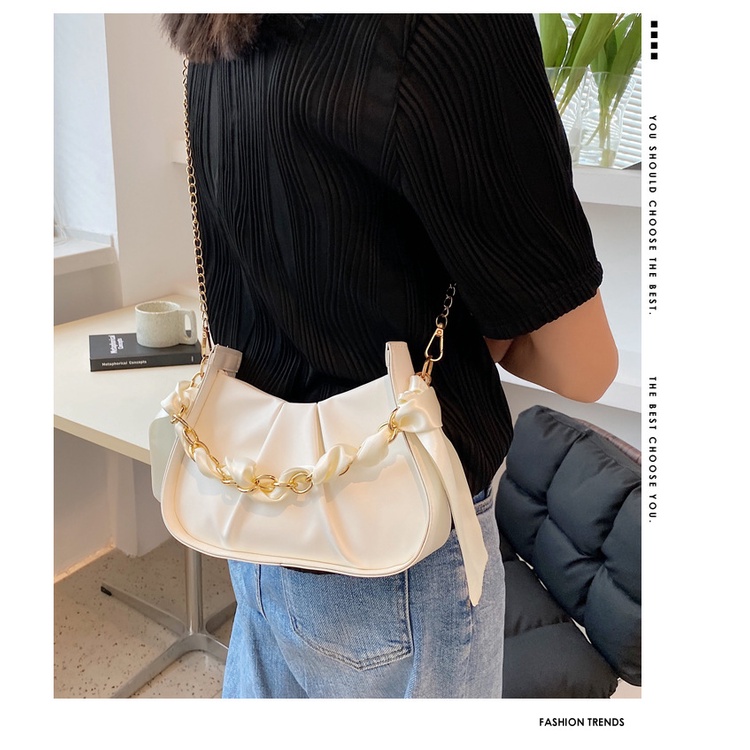 Túi xách nữ đeo chéo, túi kẹp nách dây xích phối nơ tiểu thư sang trọng đi làm đi chơi