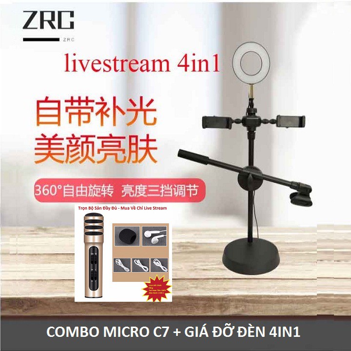 Đèn Live Stream 4in1, Để Bàn Có Chân Đỡ Micro LivesTream Hai Điện Thoại - Bộ Giá Đỡ Điện Thoại Livestream 4in1