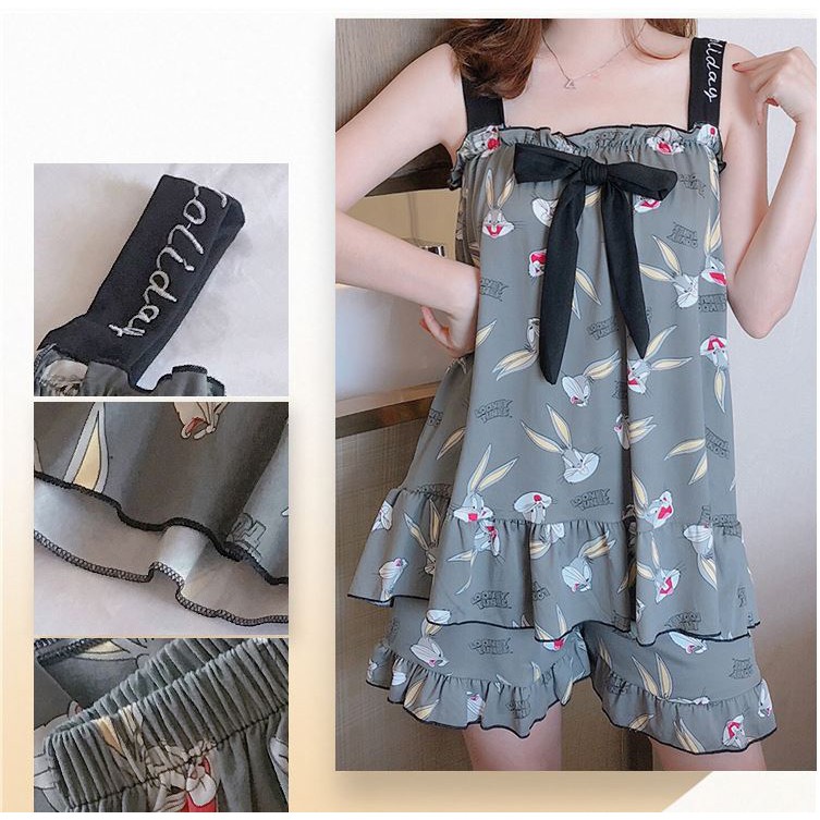 Bộ đồ ngủ pijama dễ thương 2 dây thun sữa mền mát, đồ ngủ nữ mặc nhà sau sinh dễ thương