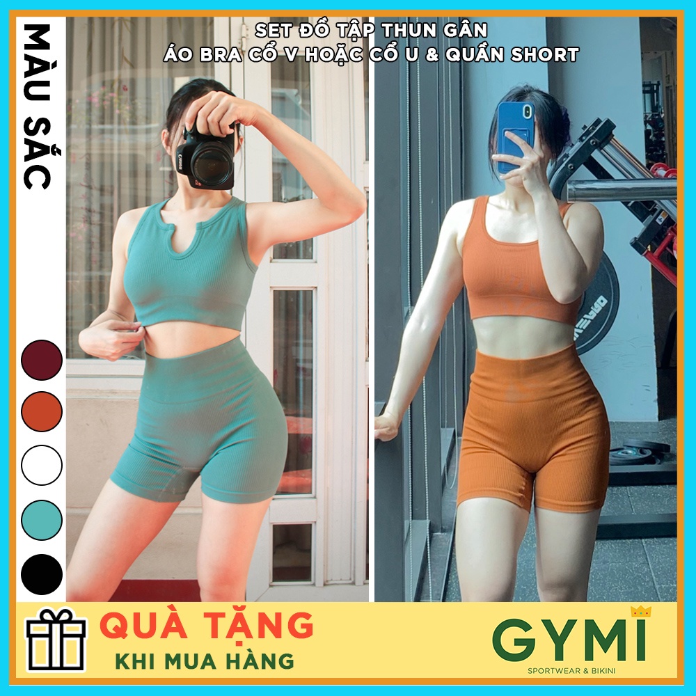 Set bộ đồ quần áo tập gym yoga SET35 GYMI gồm áo bra cổ V hoặc cổ U và quần shorts thể thao chất dệt vân tăm